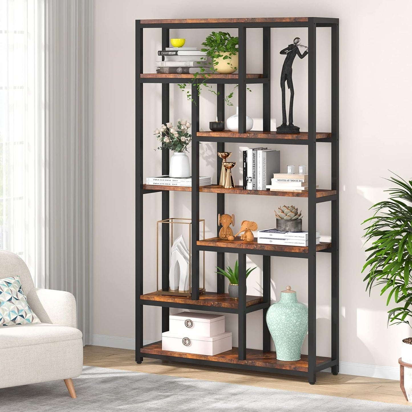 Libreria, 7 ripiani, Librerie Moderne, 100 × 30 × 200 cm, Libreria Verticale, con Struttura in Acciaio, Marrone, Tribesigns