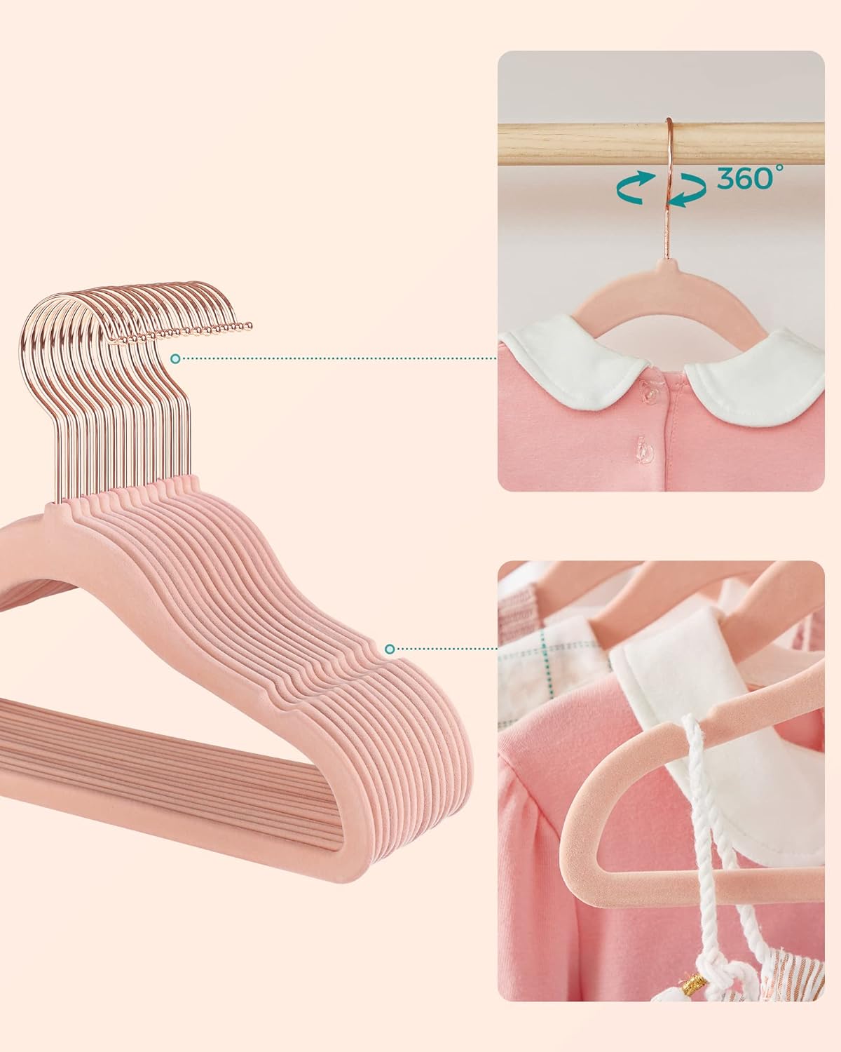 Grucce Bambini, Set di 50, Grucce per abiti, con Ganci, Grucce salvaspazio, in Velluto, Antiscivolo, Rosa, , Songmics, 7