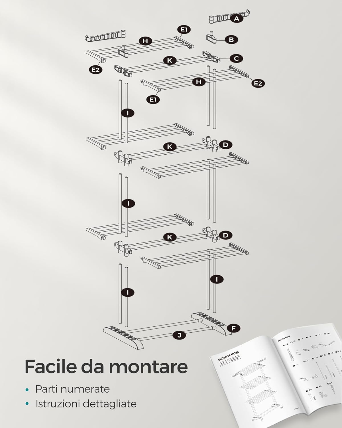 Stendibiancheria, 4 Livelli, Stendino Verticale Pieghevole, ali Richiudibili, Stendino da Balcone, con Ruote, Grigio, , Songmics, 8