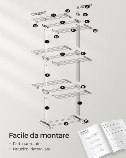 Stendibiancheria, 4 Livelli, Stendino Verticale Pieghevole, ali Richiudibili, Stendino da Balcone, con Ruote, Grigio, , Songmics, 8