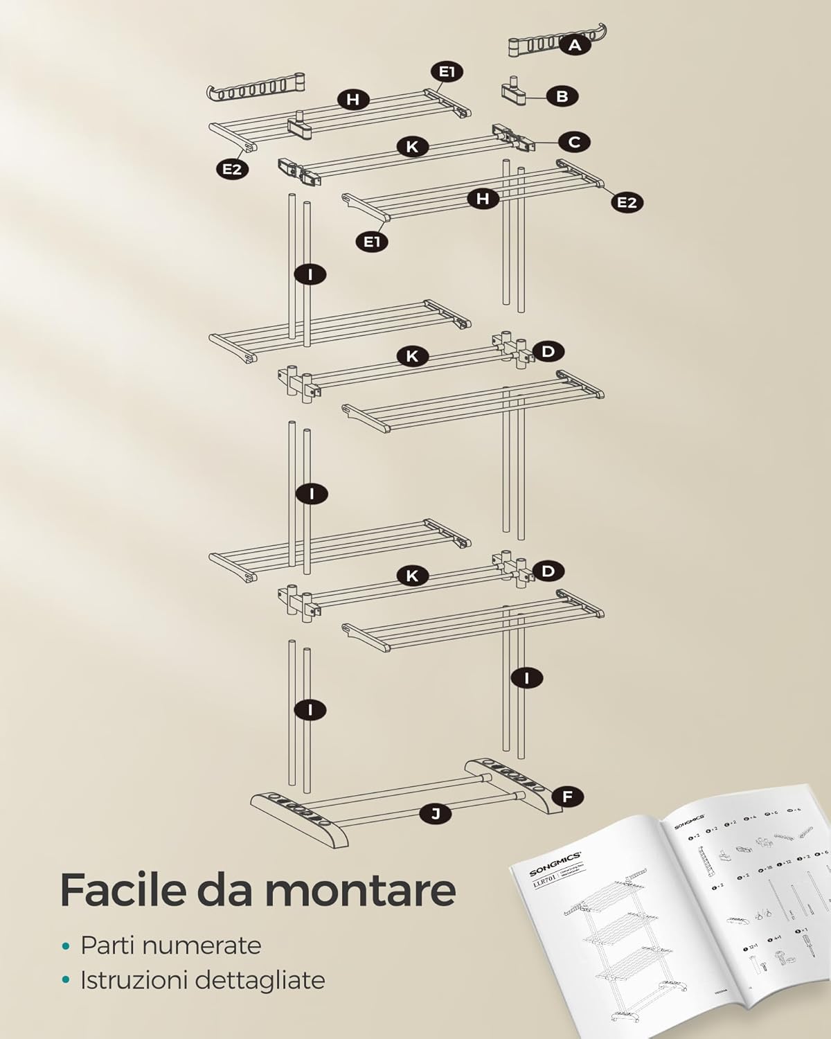 Stendibiancheria, 4 Livelli, Stendino Verticale Pieghevole, ali Richiudibili, Stendino da Balcone, con Ruote, Bianco, , Songmics, 8