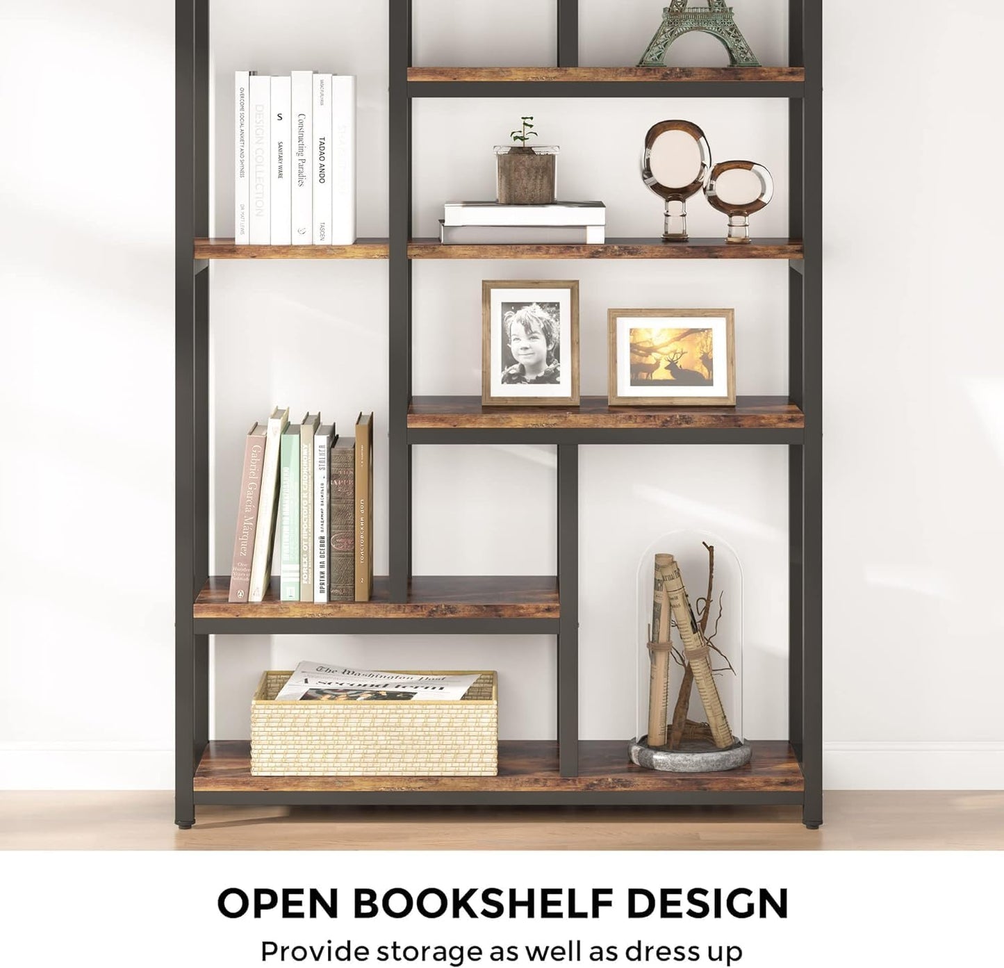Libreria, 7 ripiani, Librerie Moderne, 100 × 30 × 200 cm, Libreria Verticale, con Struttura in Acciaio, Marrone, Tribesigns