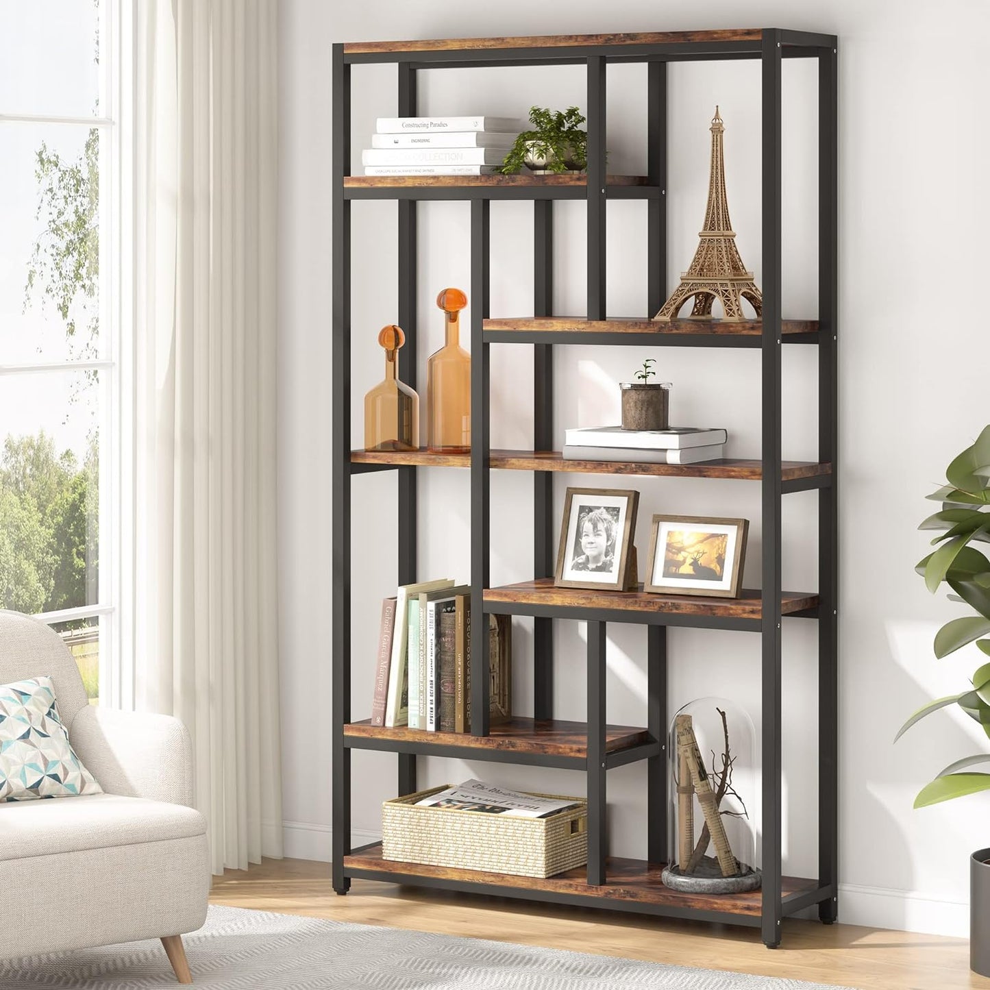 Libreria, 7 ripiani, Librerie Moderne, 100 × 30 × 200 cm, Libreria Verticale, con Struttura in Acciaio, Marrone, Tribesigns
