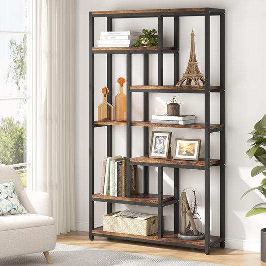 Libreria, 7 ripiani, Librerie Moderne, 100 × 30 × 200 cm, Libreria Verticale, con Struttura in Acciaio, Marrone, Tribesigns