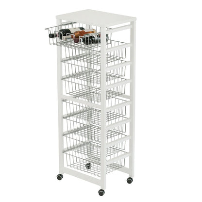 Carrello cucina GUSTAVOTTO, Carrello Cucina salvaspazio, 8 ceste, 1 supporto per bottiglie, bianco, ARIT, 2