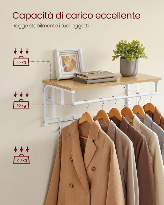 Appendiabiti da Parete, Appendiabiti Ingresso, Mensola da Muro con 5 Ganci, Barra Attaccapanni, Rovere Dorato e Bianco, VASAGLE, Vasagle, 5