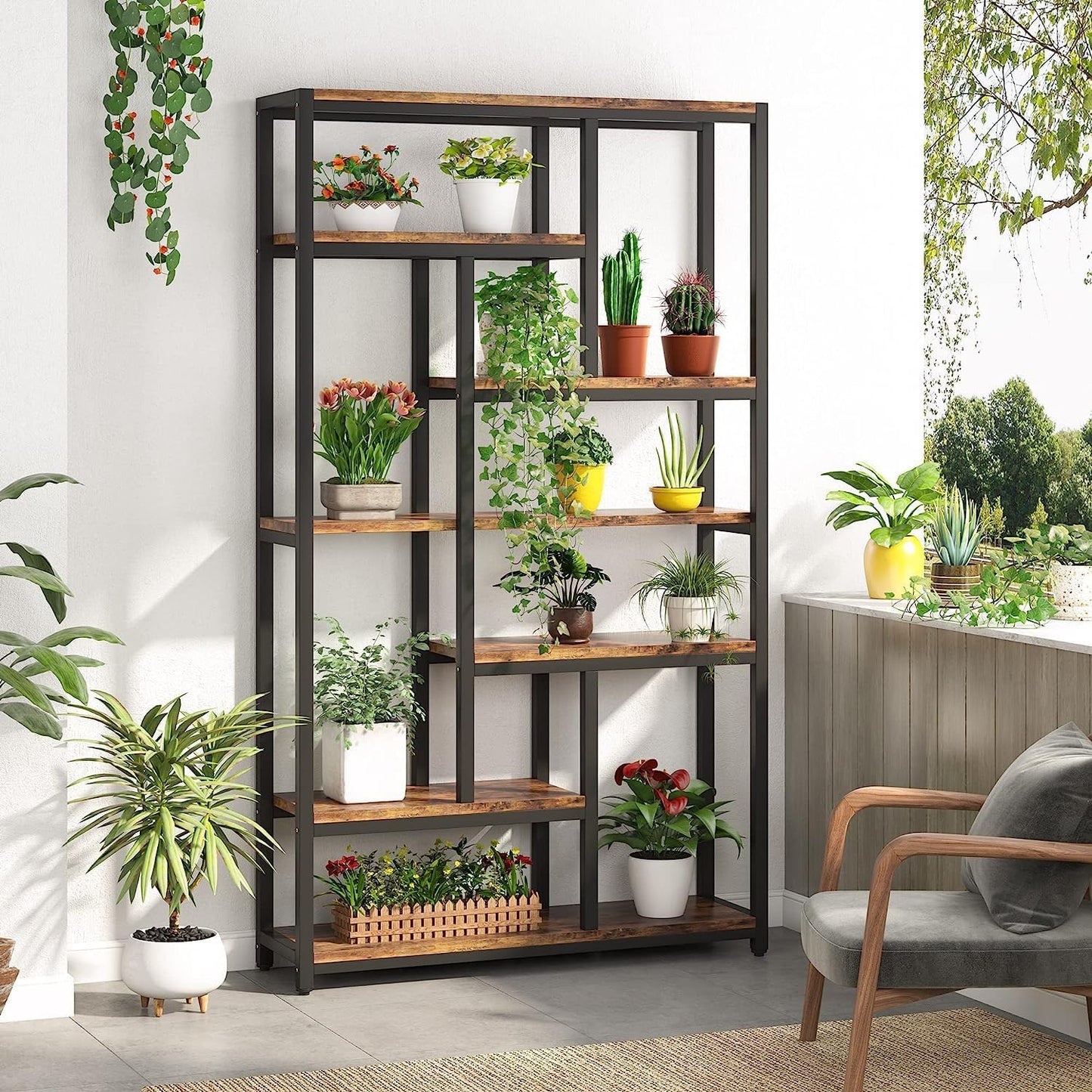 Libreria, 7 ripiani, Librerie Moderne, 100 × 30 × 200 cm, Libreria Verticale, con Struttura in Acciaio, Marrone, Tribesigns