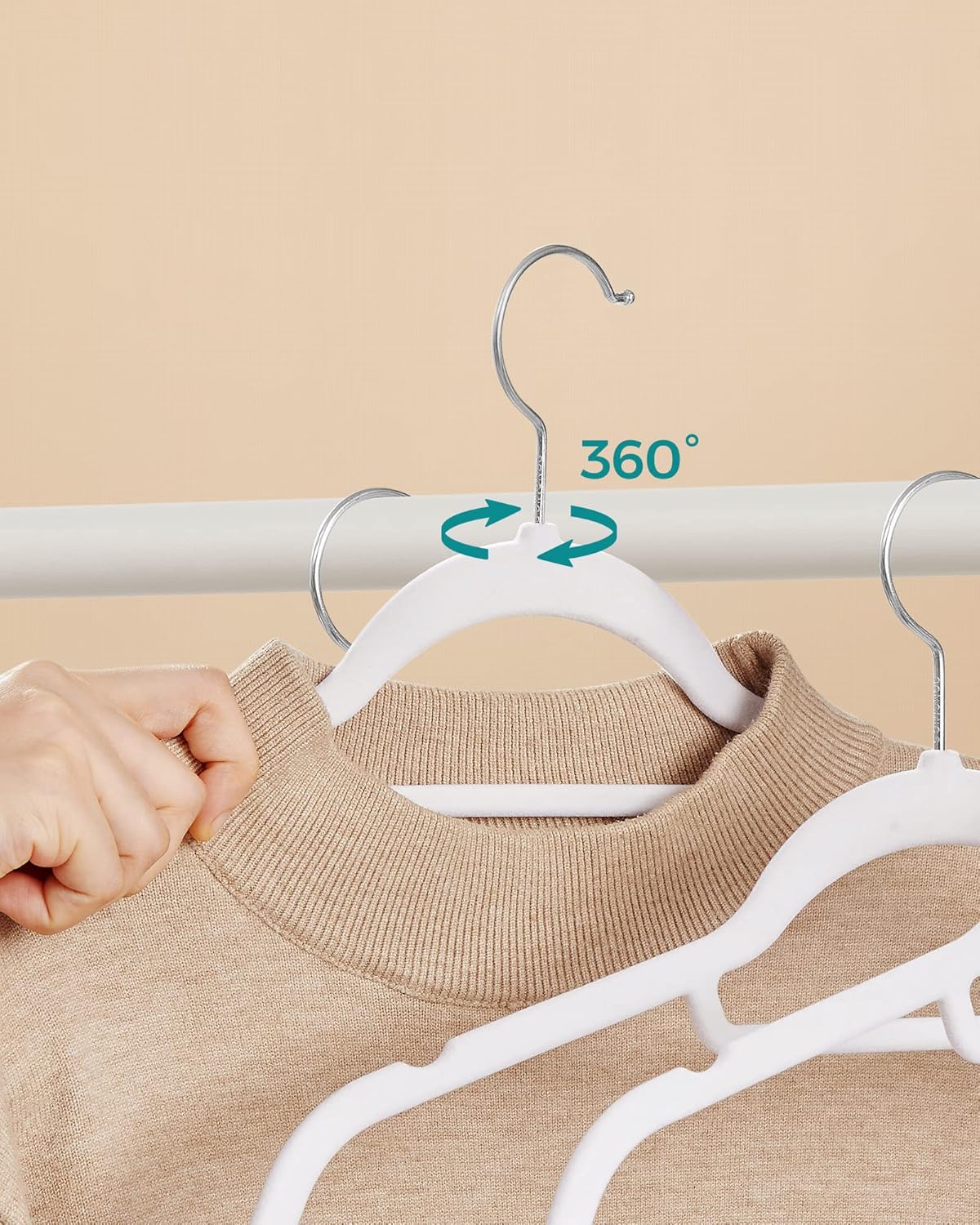 Grucce per Abiti, 50 Pezzi, 43,5cm, Gancio Girevole, Grucce per Pantaloni, Antiscivolo, in Velluto, Bianco e Argento, , Songmics, 7