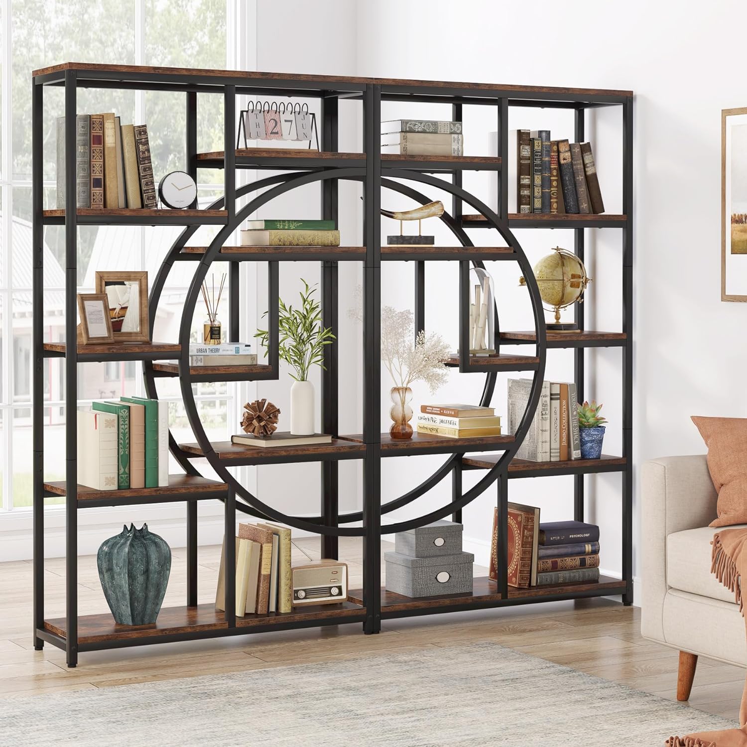 Libreria, Scaffale a Scala, Scaffale Portaoggetti con 9 Ripiani Aperti, Libreria Indipendente, Marrone e Nero, Tribesigns, 3