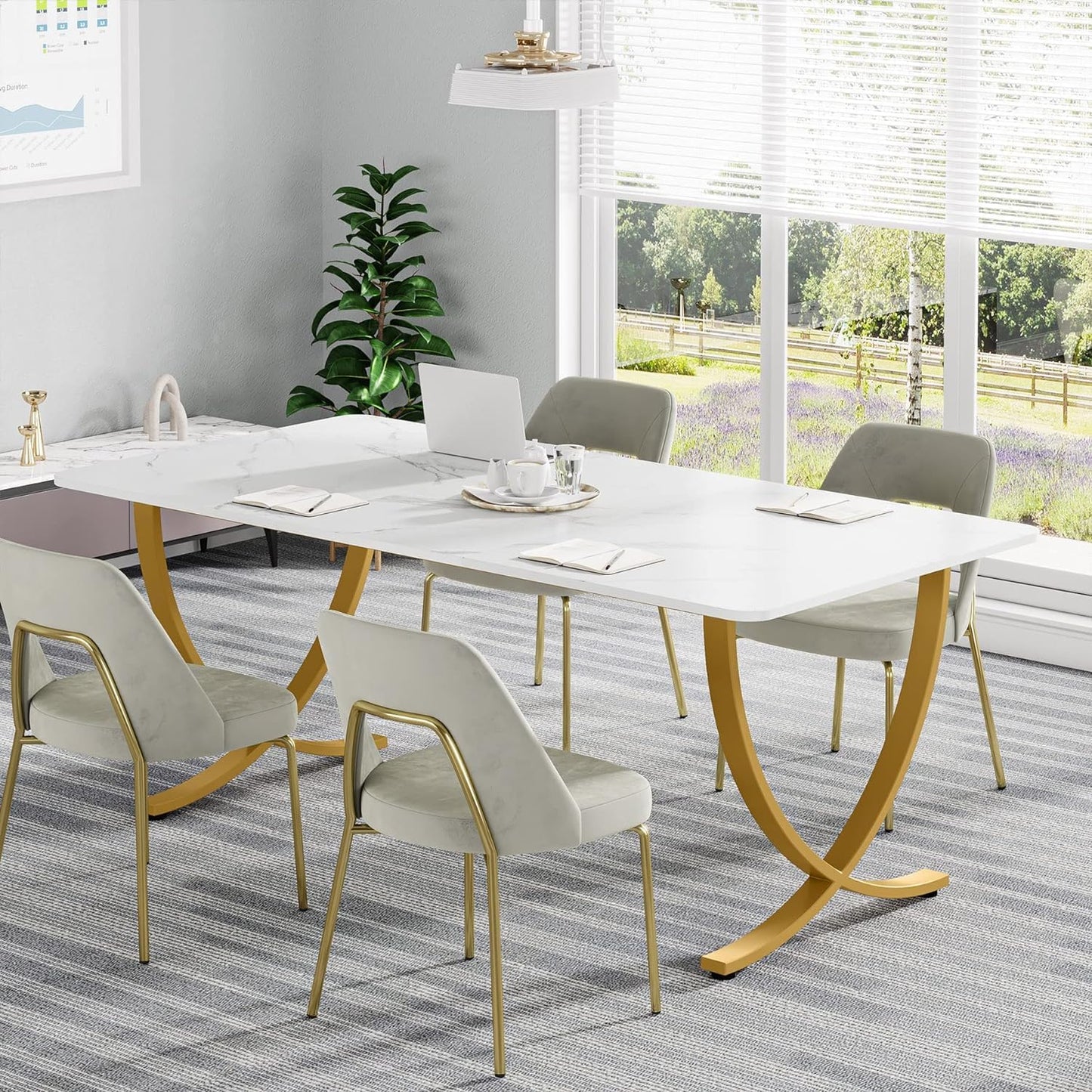 Scrivania, 160x80x75 cm, Scrivania Ufficio, con piano in finto marmo e gambe in metallo, Bianco e Oro, Tribesigns