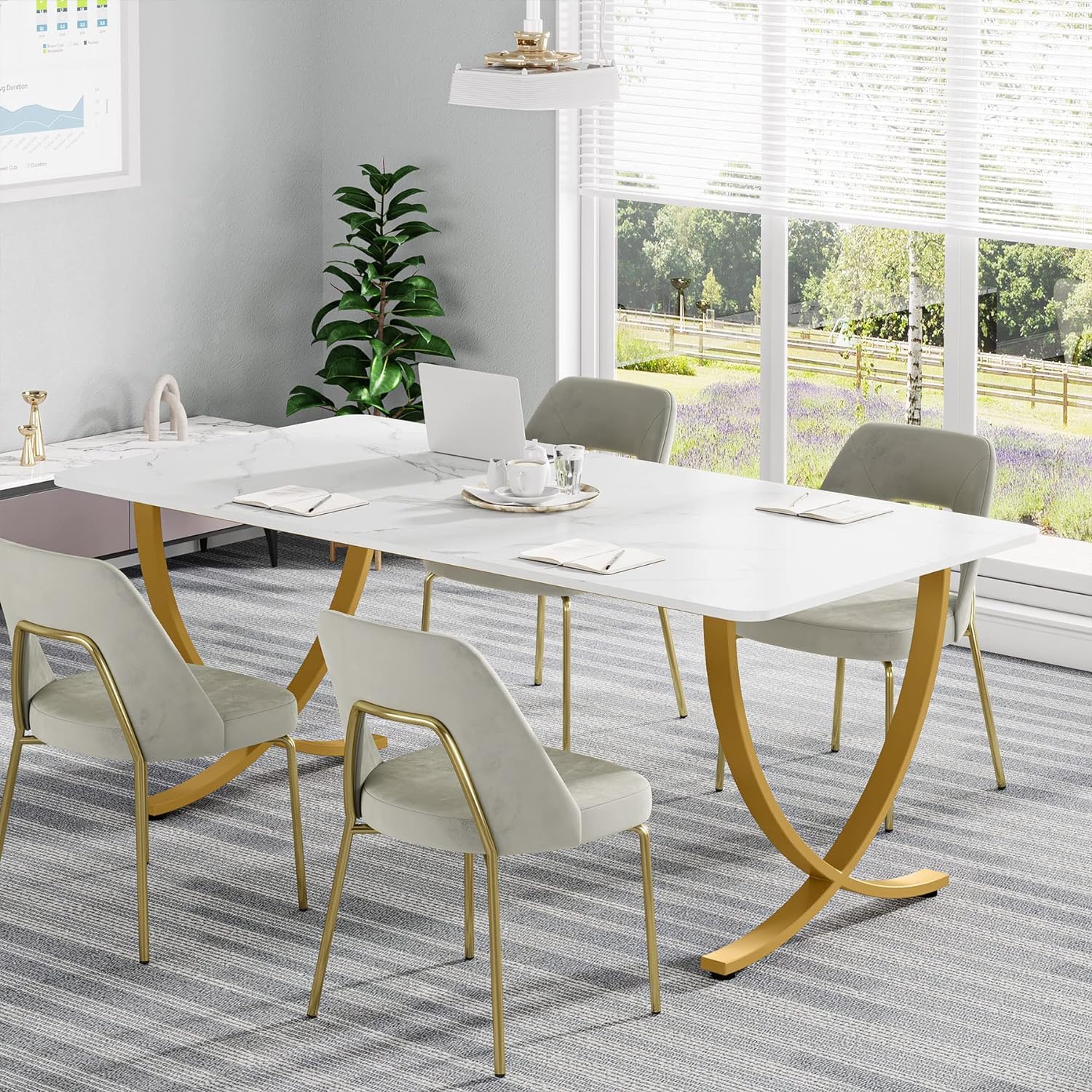Scrivania, 160x80x75 cm, Scrivania Ufficio, con piano in finto marmo e gambe in metallo, Bianco e Oro, Tribesigns