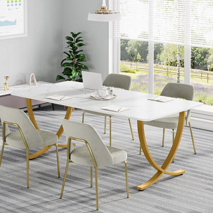 Scrivania, 160x80x75 cm, Scrivania Ufficio, con piano in finto marmo e gambe in metallo, Bianco e Oro, Tribesigns