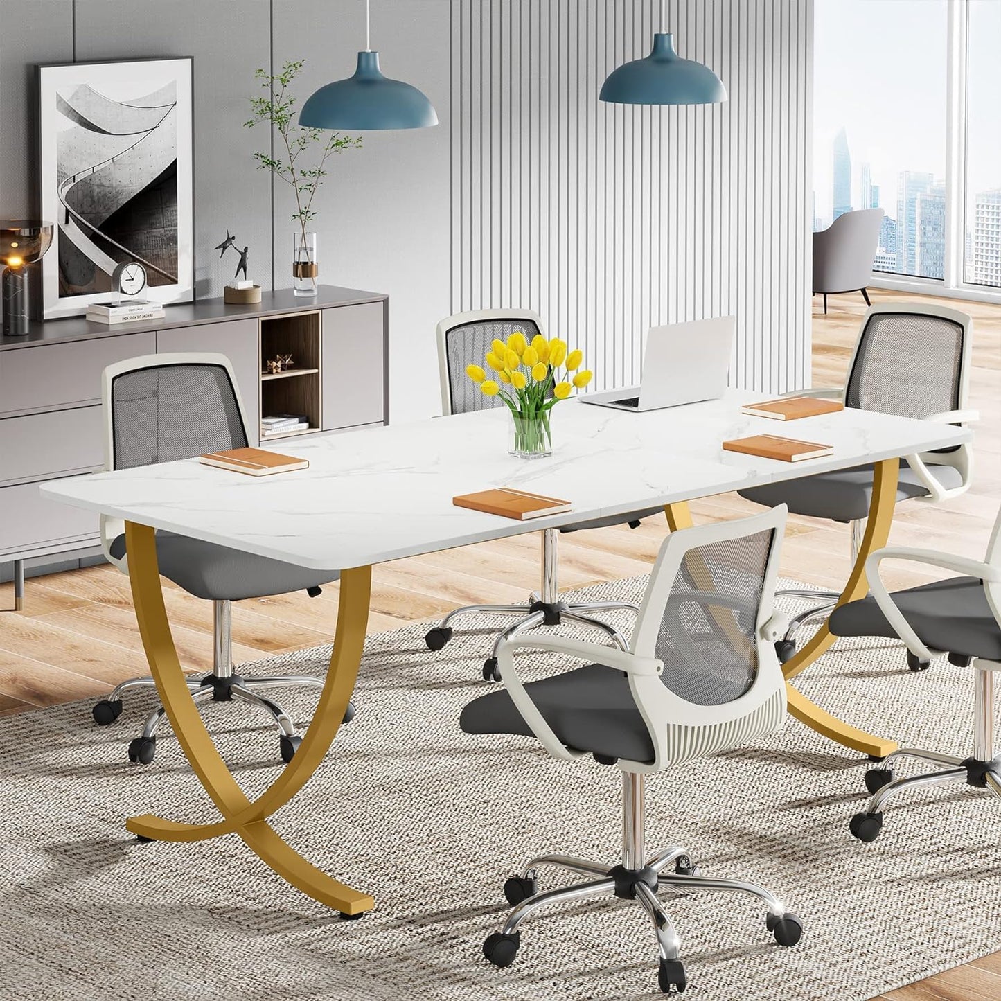Scrivania, 160x80x75 cm, Scrivania Ufficio, con piano in finto marmo e gambe in metallo, Bianco e Oro, Tribesigns