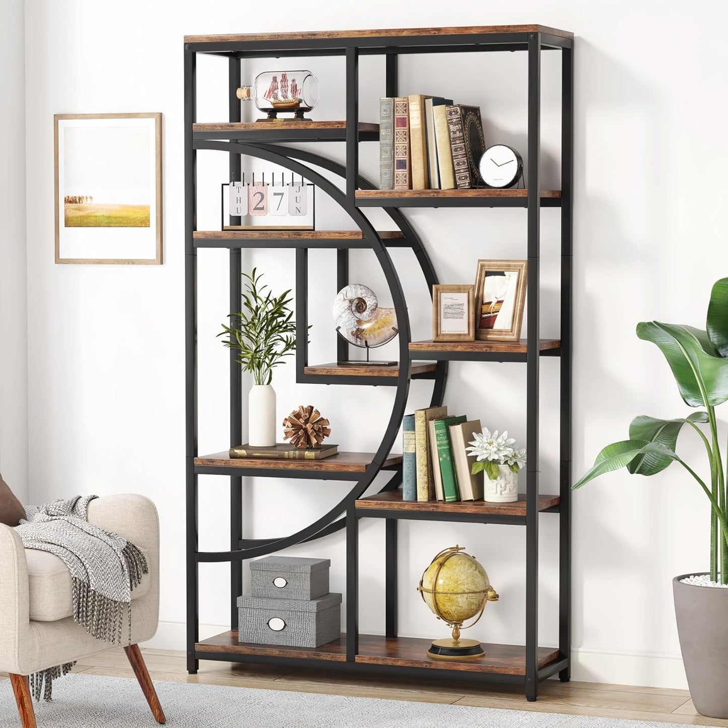 Libreria, Scaffale a Scala, Scaffale Portaoggetti con 9 Ripiani Aperti, Libreria Indipendente, Marrone e Nero, Tribesigns, 1