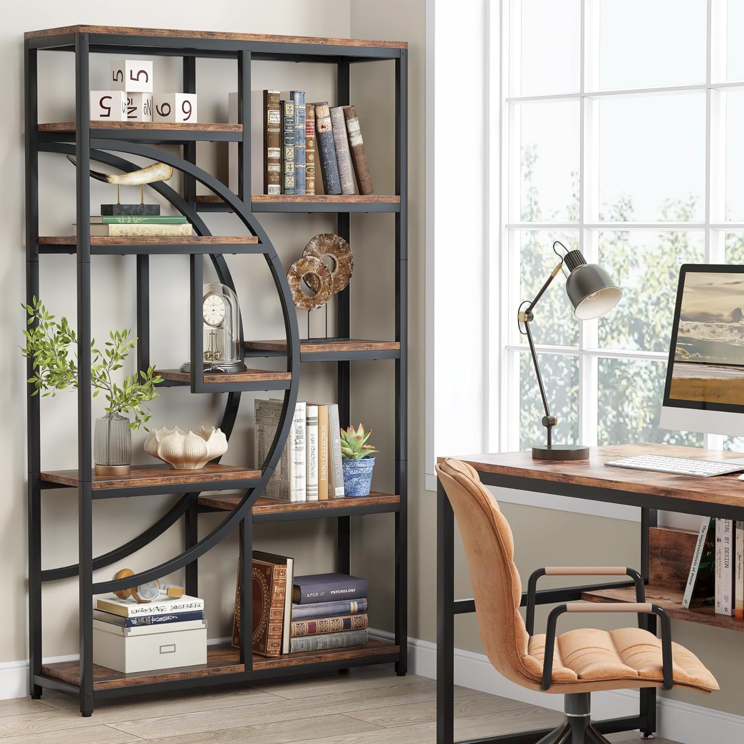 Libreria, Scaffale a Scala, Scaffale Portaoggetti con 9 Ripiani Aperti, Libreria Indipendente, Marrone e Nero, Tribesigns, 2