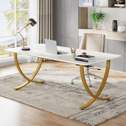 Scrivania, 160x80x75 cm, Scrivania Ufficio, con piano in finto marmo e gambe in metallo, Bianco e Oro, Tribesigns
