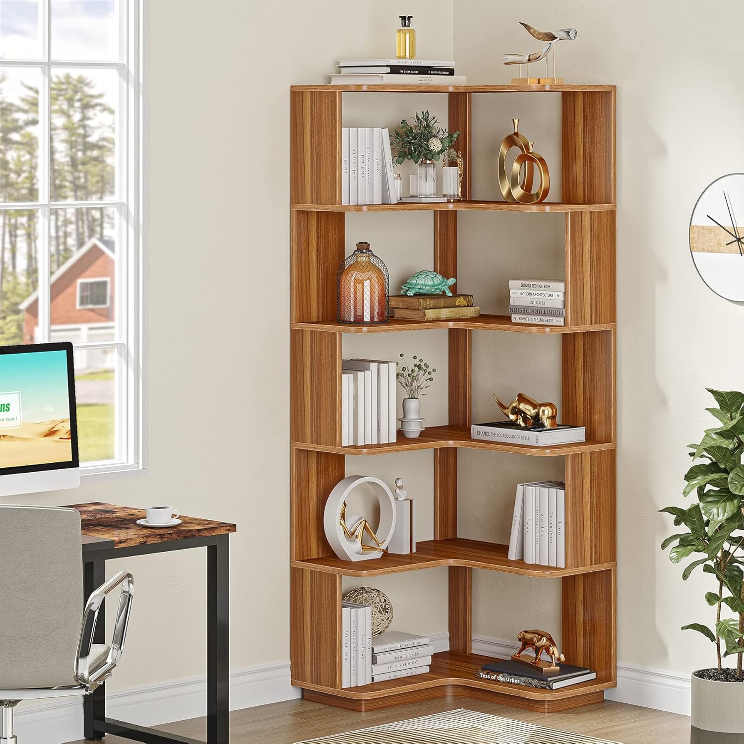 Libreria Angolare, 6 ripiani, Scaffale Angolare, 60 × 60 × 165 cm, Libreria Verticale, per Ufficio Domestico, Tribesigns