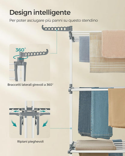 Stendibiancheria, 4 Livelli, Stendino Verticale Pieghevole, ali Richiudibili, Stendino da Balcone, con Ruote, Bianco, , Songmics, 5