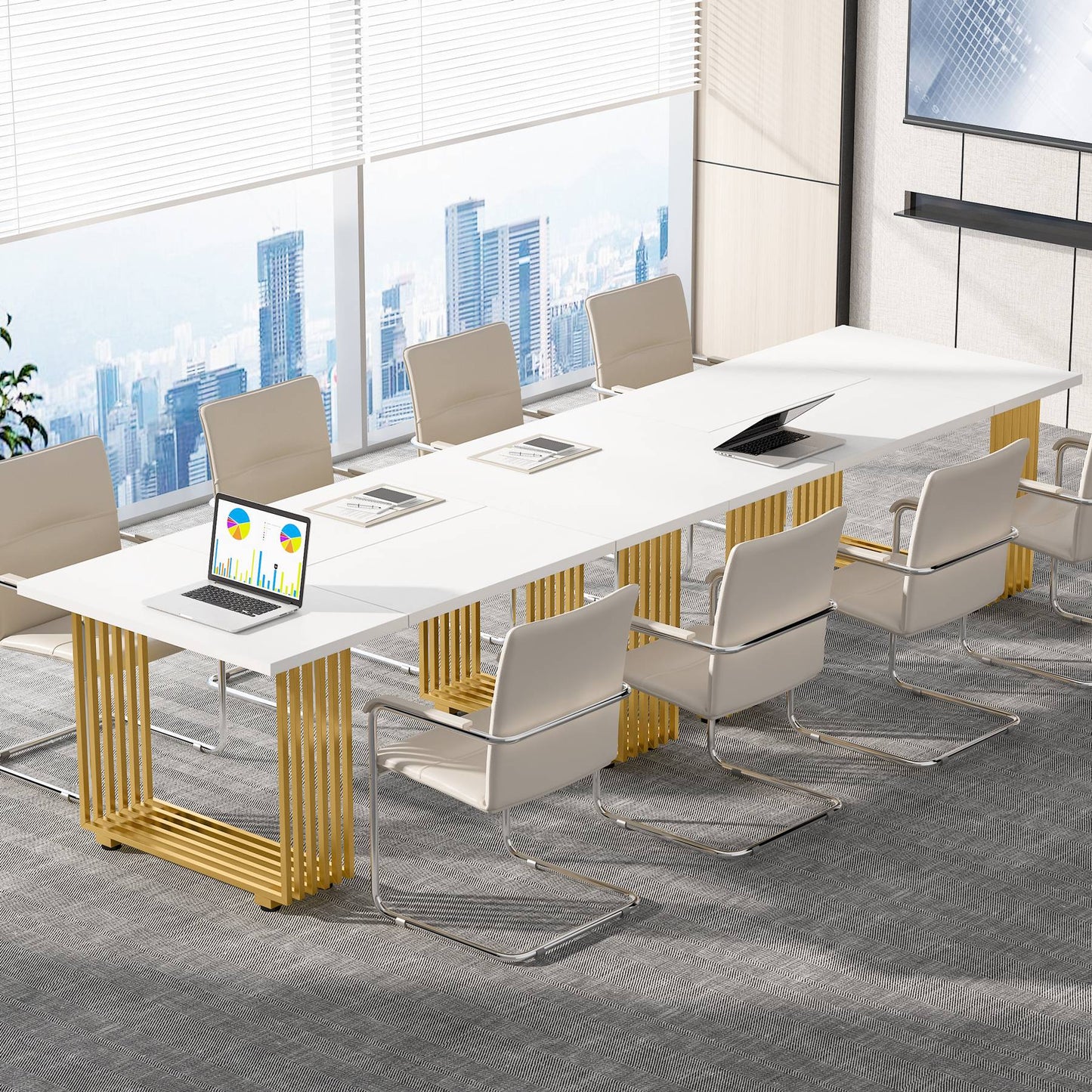 Scrivania, 180 x 79 x 78 cm, Scrivania PC, con gambe dorate, Tavolo Riunioni, Bianco e Oro, Tribesigns