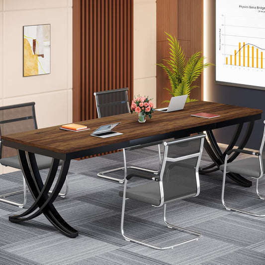 Scrivania, Scrivania Doppia, 200 x 70 x 75 cm, Tavolo Riunioni per 6–8 persone, Scrivania Ufficio, Marrone, Tribesigns