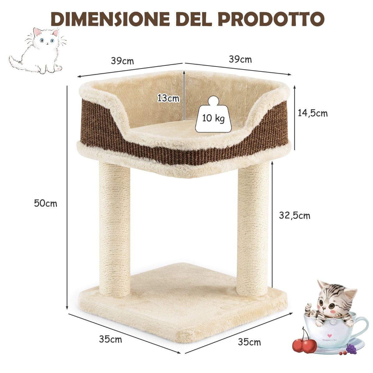 Albero per Gatti, Torre per Gatti, Tiragraffi per Gatti, Albero del Gatto base imbottita, 35 x 35 x 50 cm, Beige, Costway, 6