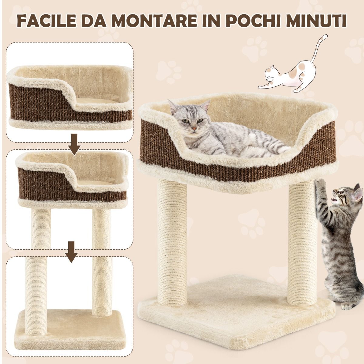 Albero per Gatti, Torre per Gatti, Tiragraffi per Gatti, Albero del Gatto base imbottita, 35 x 35 x 50 cm, Beige, Costway, 9