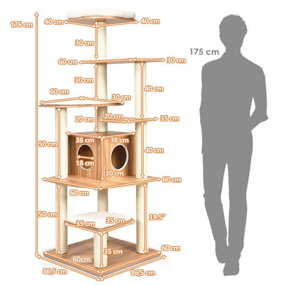 Albero per Gatti, Torre per Gatti, Tiragraffi per Gatti Multilivello con Casetta e Colonne, Albero del Gatto, Costway, 6