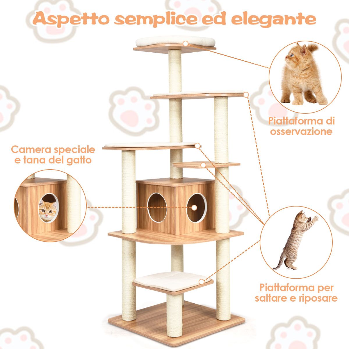 Albero per Gatti, Torre per Gatti, Tiragraffi per Gatti Multilivello con Casetta e Colonne, Albero del Gatto, Costway, 7