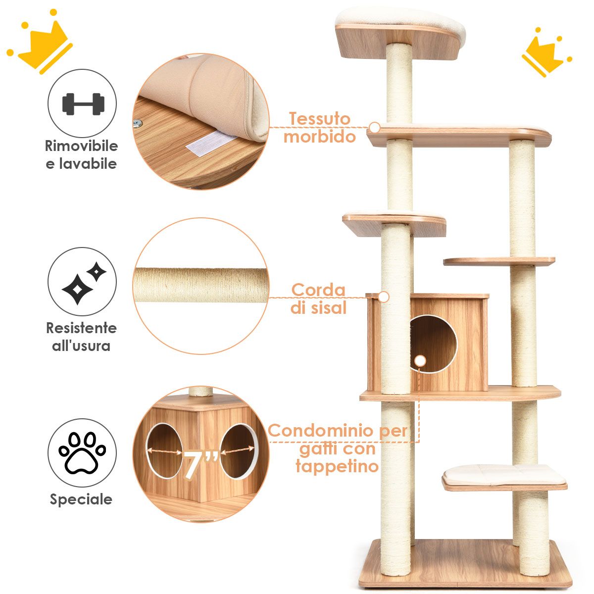 Albero per Gatti, Torre per Gatti, Tiragraffi per Gatti Multilivello con Casetta e Colonne, Albero del Gatto, Costway, 8