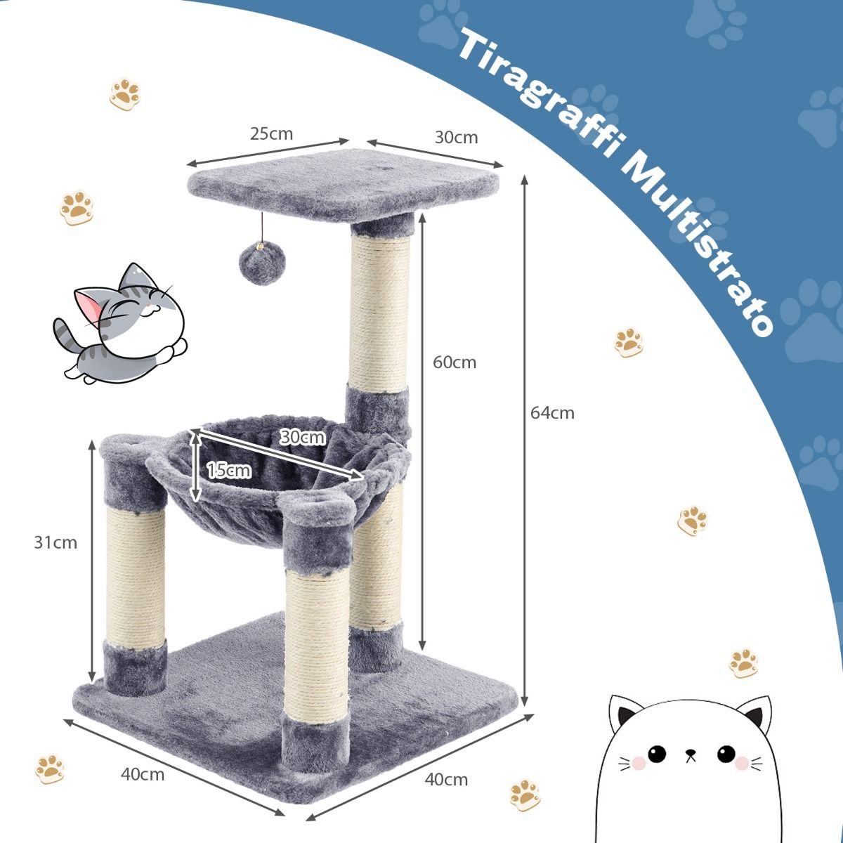 Albero per Gatti, Torre per Gatti, Tiragraffi per Gatti Multilivello con Amaca e Ampia Piattaforma, Grigio, Costway, 7