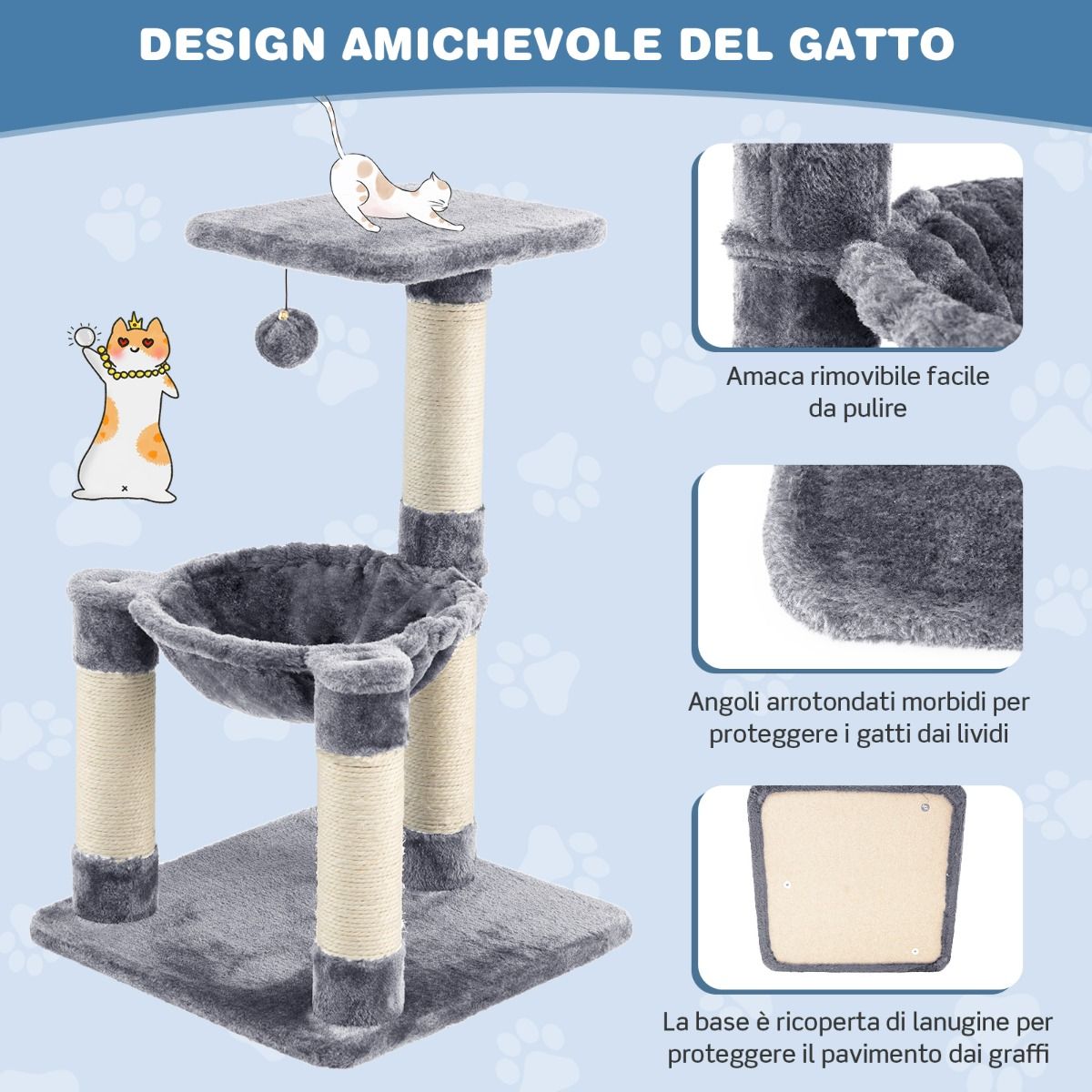 Albero per Gatti, Torre per Gatti, Tiragraffi per Gatti Multilivello con Amaca e Ampia Piattaforma, Grigio, Costway, 8