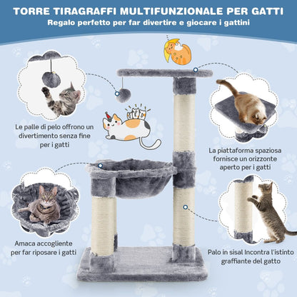 Albero per Gatti, Torre per Gatti, Tiragraffi per Gatti Multilivello con Amaca e Ampia Piattaforma, Grigio, Costway, 9