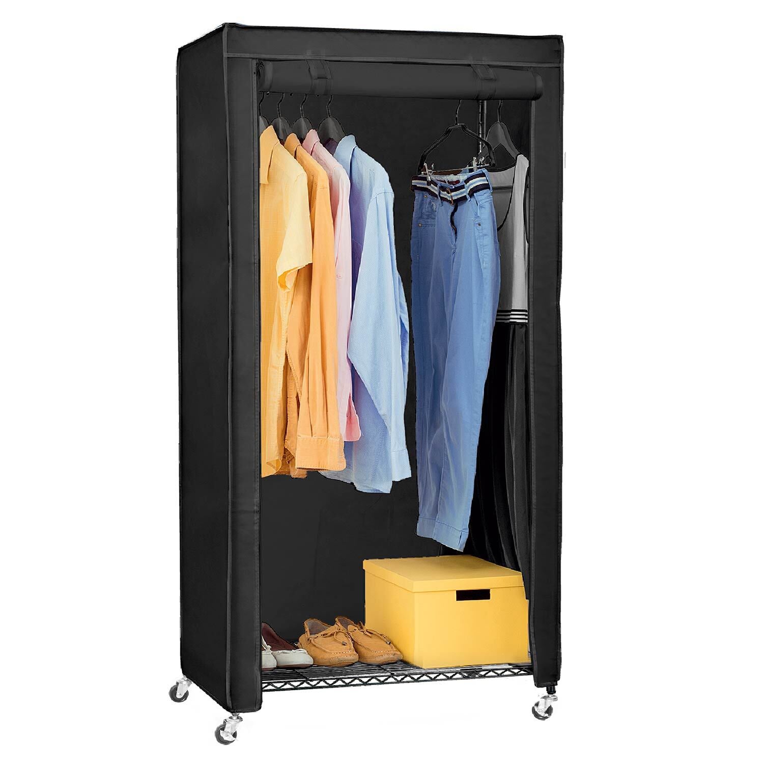 Armadio in Tessuto, Resistente, portata 70 kg, Armadio portatile, Appendiabiti con Ruote, Copertura Cotone Nero, art moon Buffalo, 5