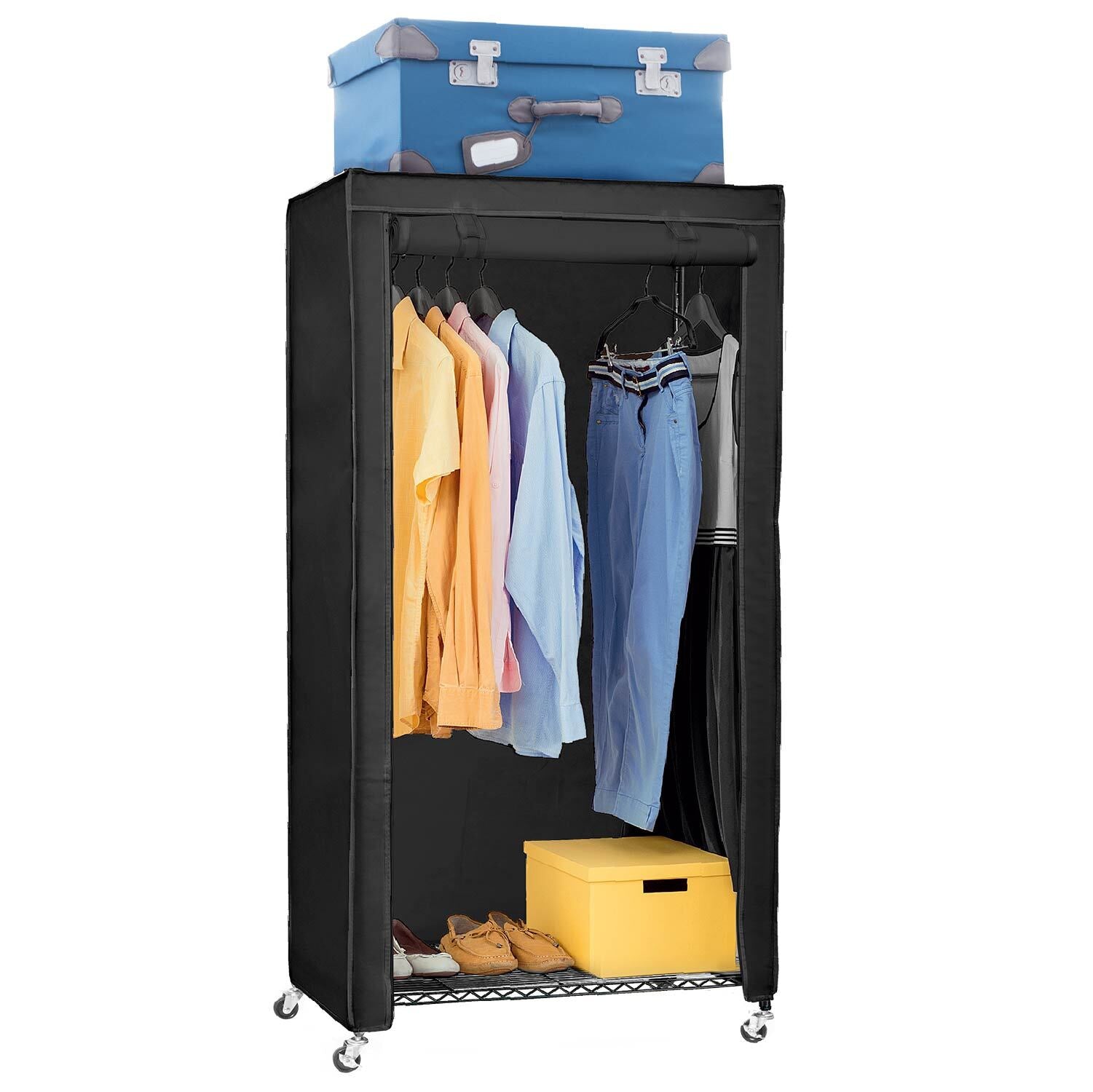 Armadio in Tessuto, Resistente, portata 70 kg, Armadio portatile, Appendiabiti con Ruote, Copertura Cotone Nero, art moon Buffalo, 10