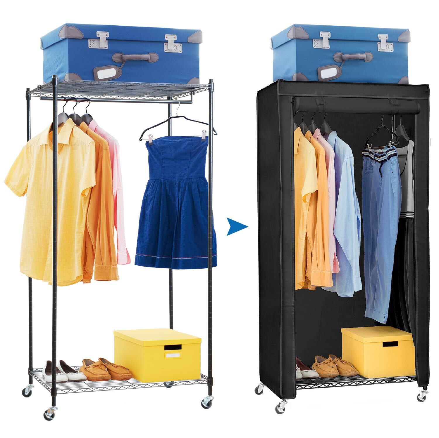 Armadio in Tessuto, Resistente, portata 70 kg, Armadio portatile, Appendiabiti con Ruote, Copertura Cotone Nero, art moon Buffalo, 1