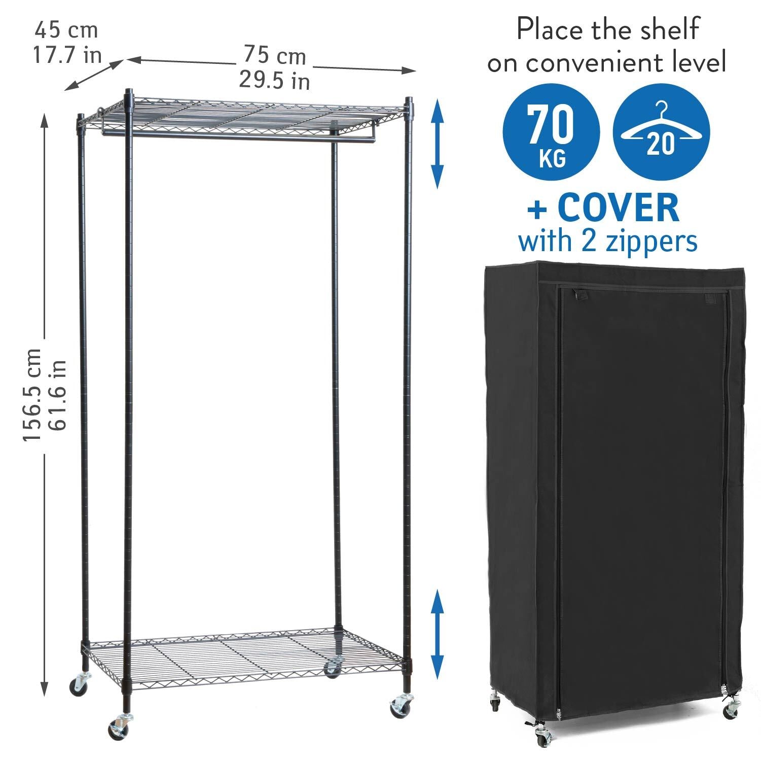 Armadio in Tessuto, Resistente, portata 70 kg, Armadio portatile, Appendiabiti con Ruote, Copertura Cotone Nero, art moon Buffalo, 2