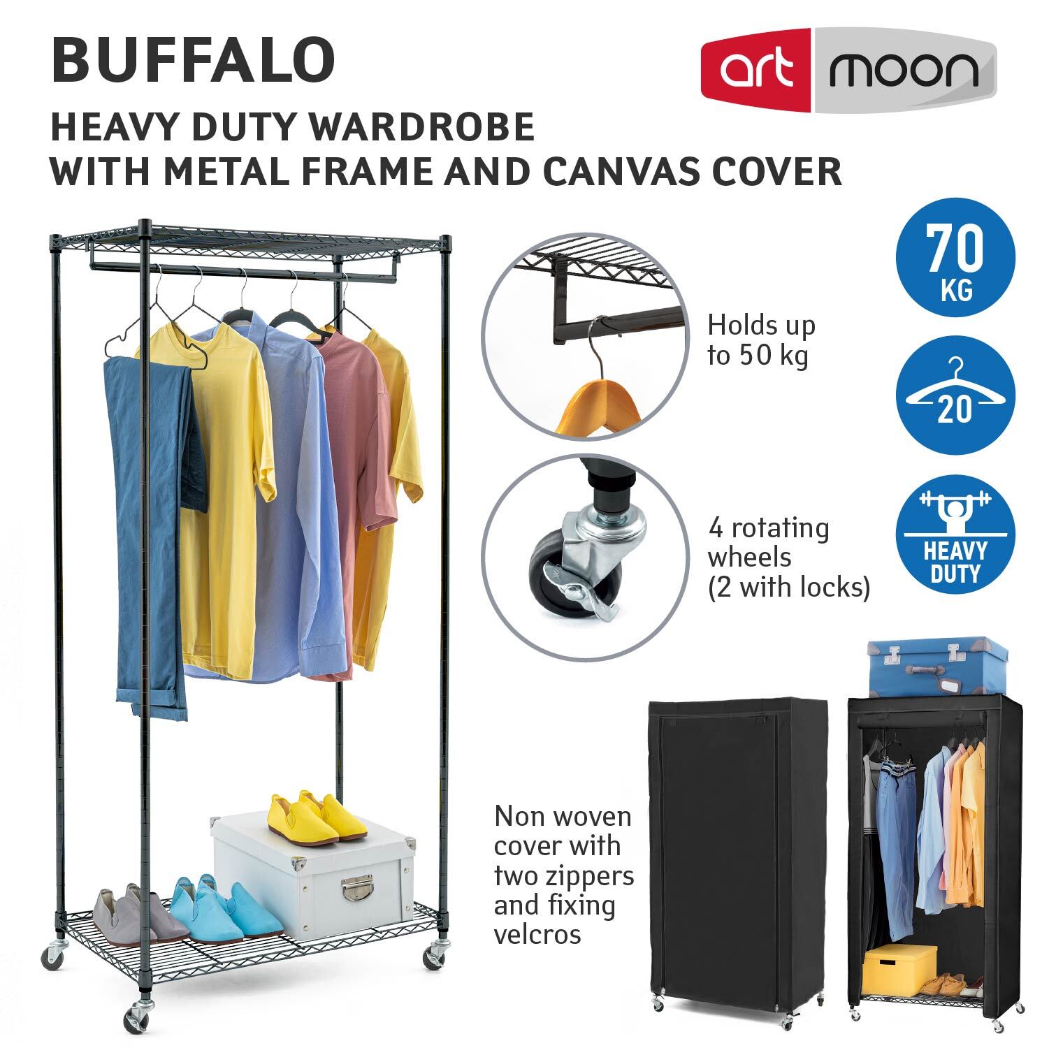 Armadio in Tessuto, Resistente, portata 70 kg, Armadio portatile, Appendiabiti con Ruote, Copertura Cotone Nero, art moon Buffalo, 3