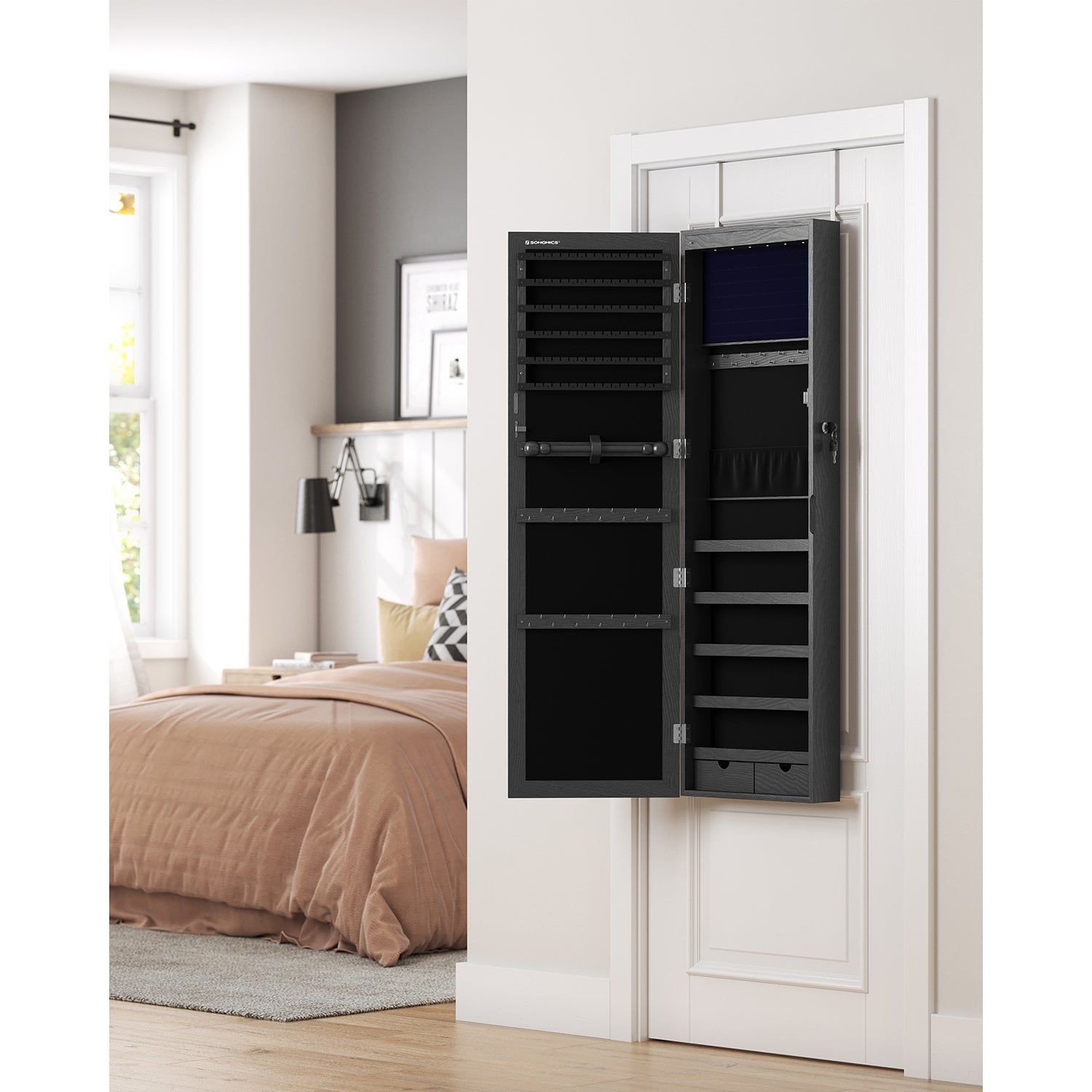 Armadio portagioie,  Mobile portagioie, Portagioie da parete, Specchiera portagioielli, porta gioielli, Nero, Songmics, 4