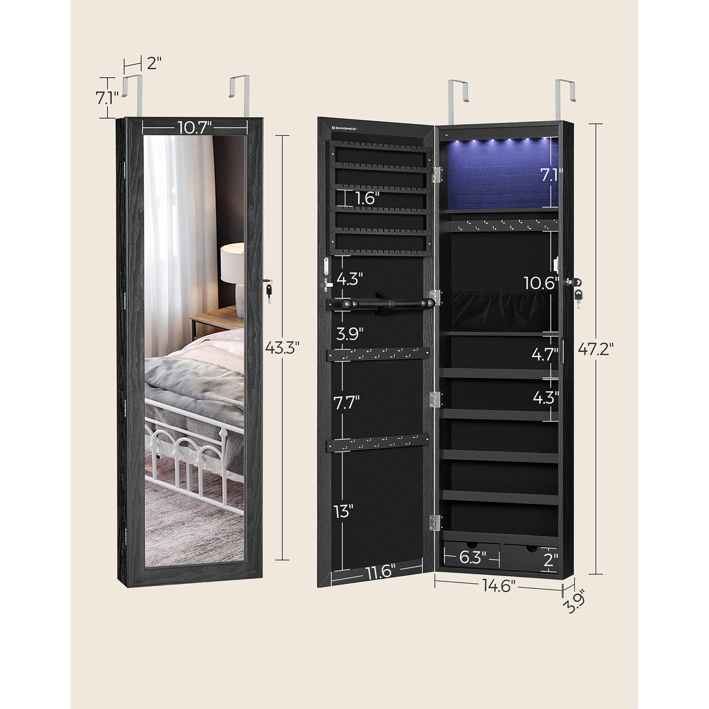 Armadio portagioie,  Mobile portagioie, Portagioie da parete, Specchiera portagioielli, porta gioielli, Nero, Songmics, 5