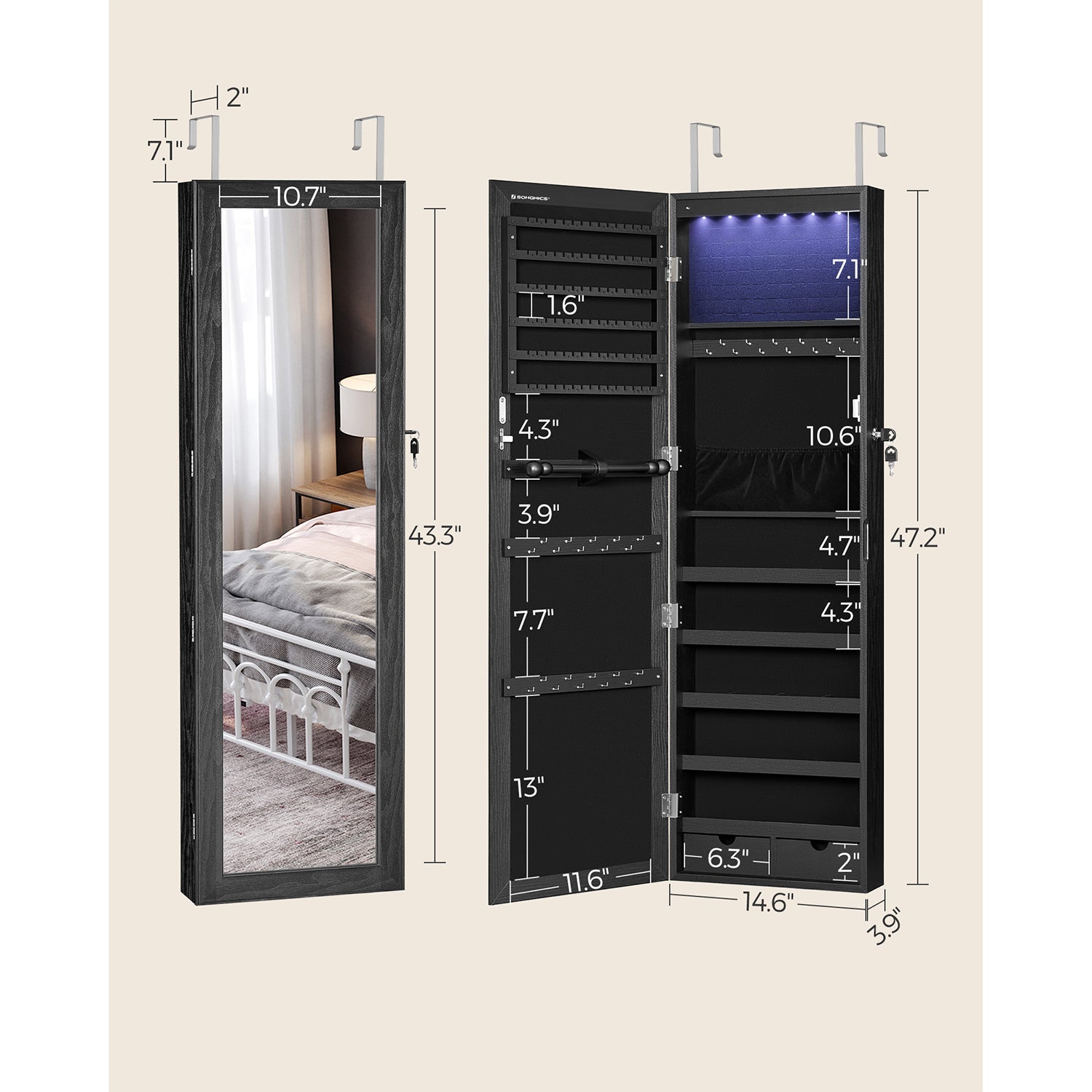 Armadio portagioie,  Mobile portagioie, Portagioie da parete, Specchiera portagioielli, porta gioielli, Nero, Songmics, 5