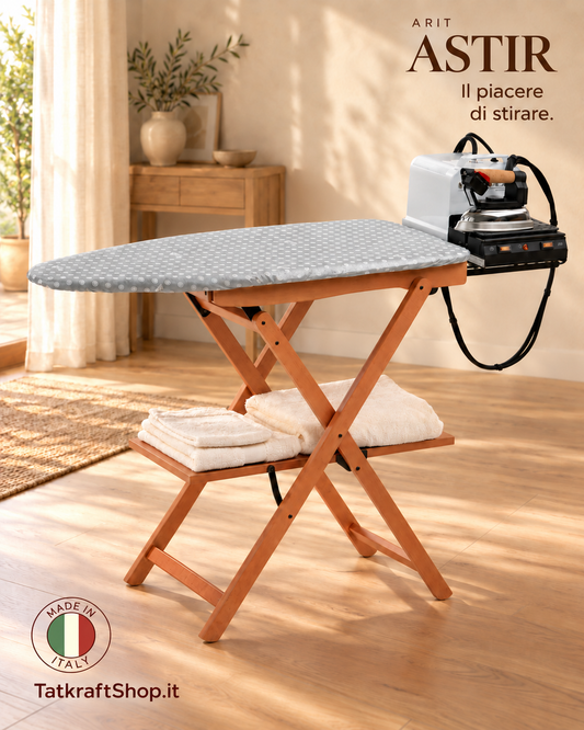 Asse da stiro pieghevole ASTIR in legno massiccio color ciliegio con ripiano estraibile e altezza 87 cm