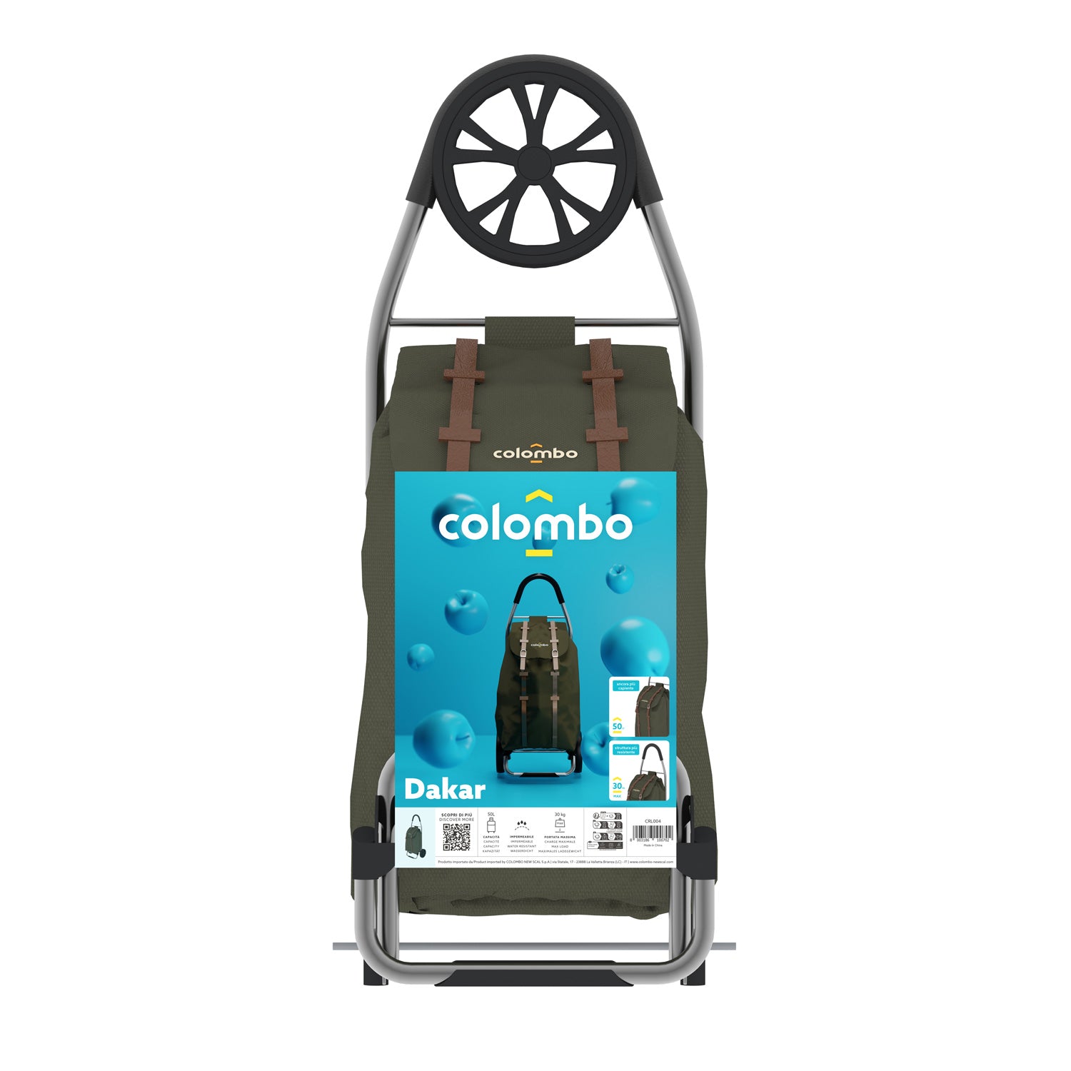 Colombo DAKAR, Carrello spesa, Capacità 50 L, Carrello Portaspesa, Borsa in poliestere impermeabile, Verde militare, 1