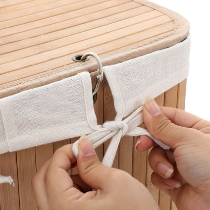 SONGMICS - Cesta porta biancheria pieghevole, in bambù, con 3 manici, cesto per lavanderia, foderato con un sacco in tessuto, rettangolare
