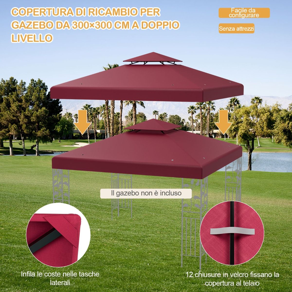 Copertura di ricambio per gazebo a 2 livelli da 300x300cm, Tettoia con fibbie in alluminio e chiusure a strappo, Costway, 10