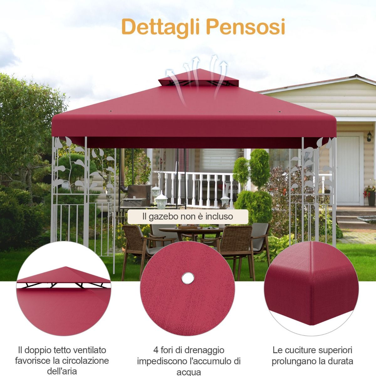 Copertura di ricambio per gazebo a 2 livelli da 300x300cm, Tettoia con fibbie in alluminio e chiusure a strappo, Costway, 7