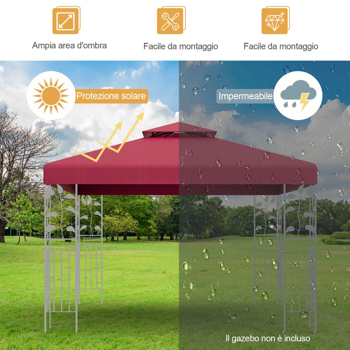 Copertura di ricambio per gazebo a 2 livelli da 300x300cm, Tettoia con fibbie in alluminio e chiusure a strappo, Costway, 9