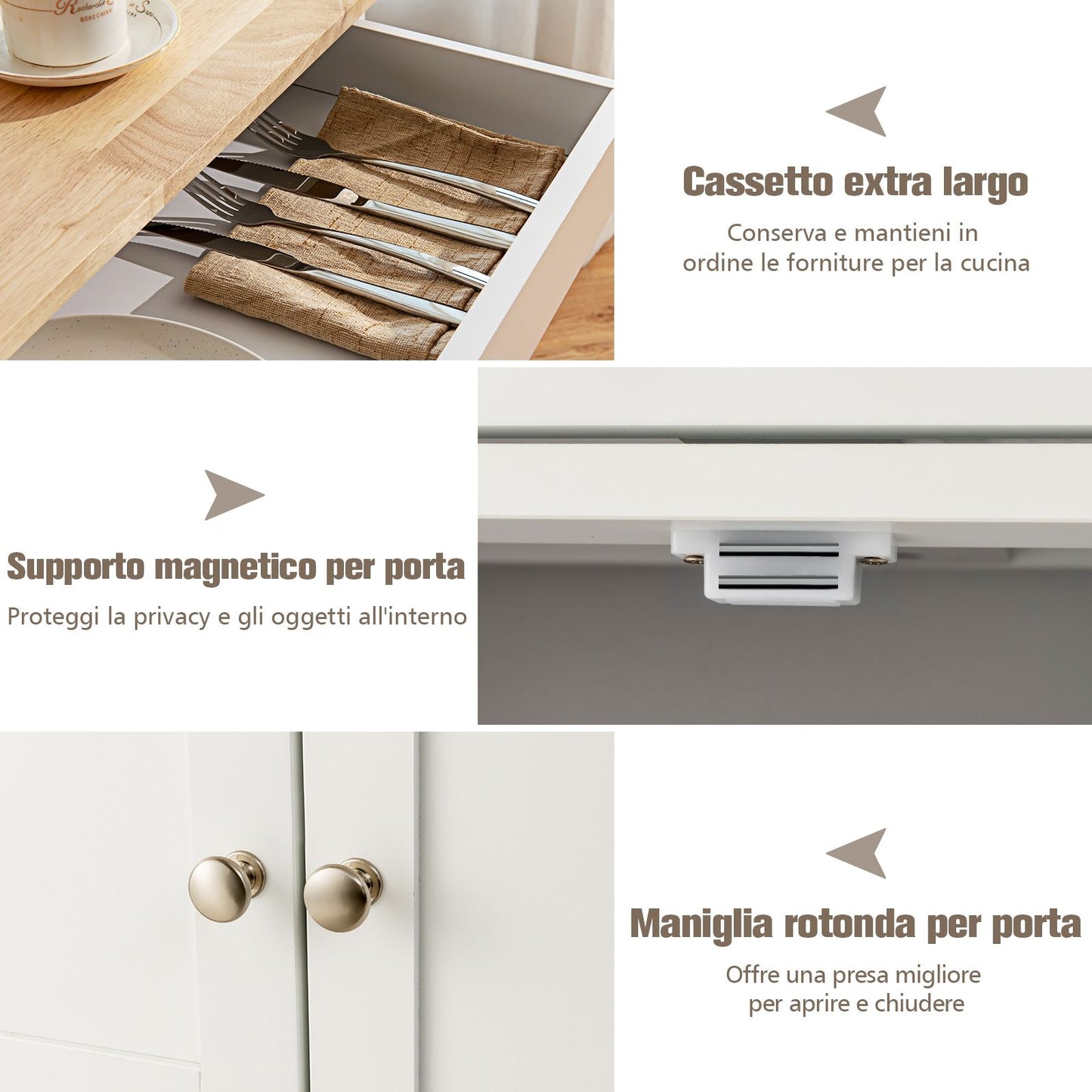 Credenza Cucina, Carrello da Cucina, Isola da Cucina, Scaffale per Microonde, Credenza Cucina, Bianco, Costway, 8