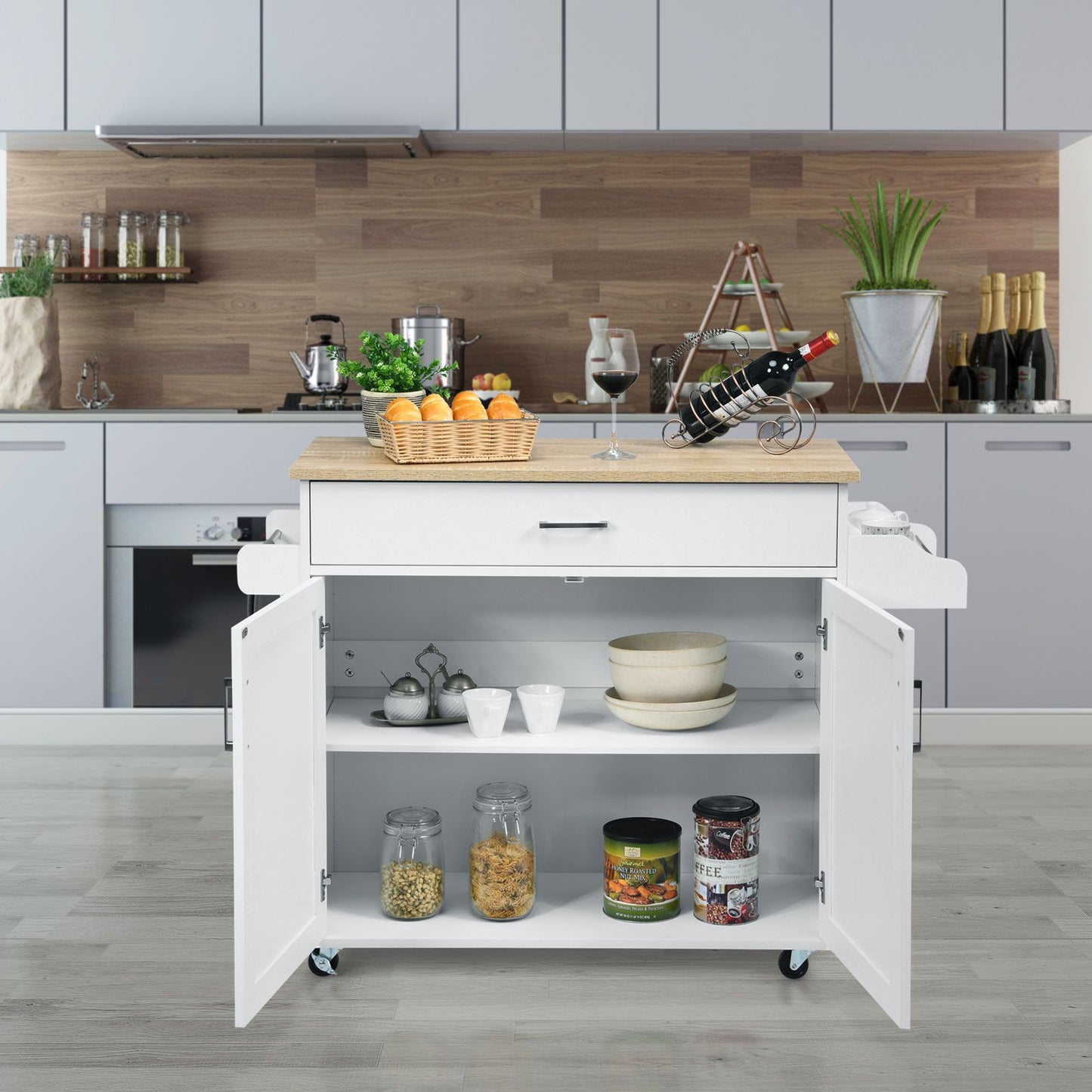 Credenza Cucina, Carrello da Cucina, Isola da Cucina con Ruote di Gomma, Scaffale per Microonde, Bianco, Costway, 1