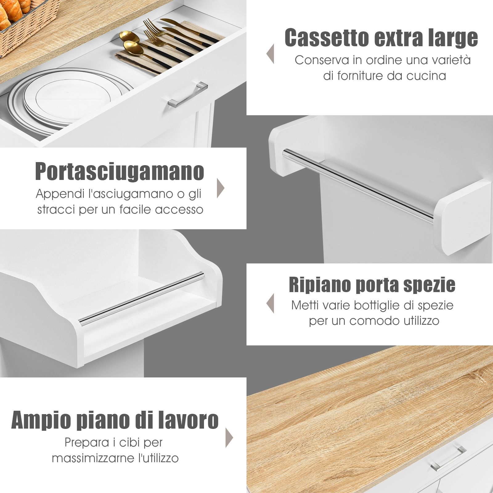 Credenza Cucina, Carrello da Cucina, Isola da Cucina con Ruote di Gomma, Scaffale per Microonde, Bianco, Costway, 10