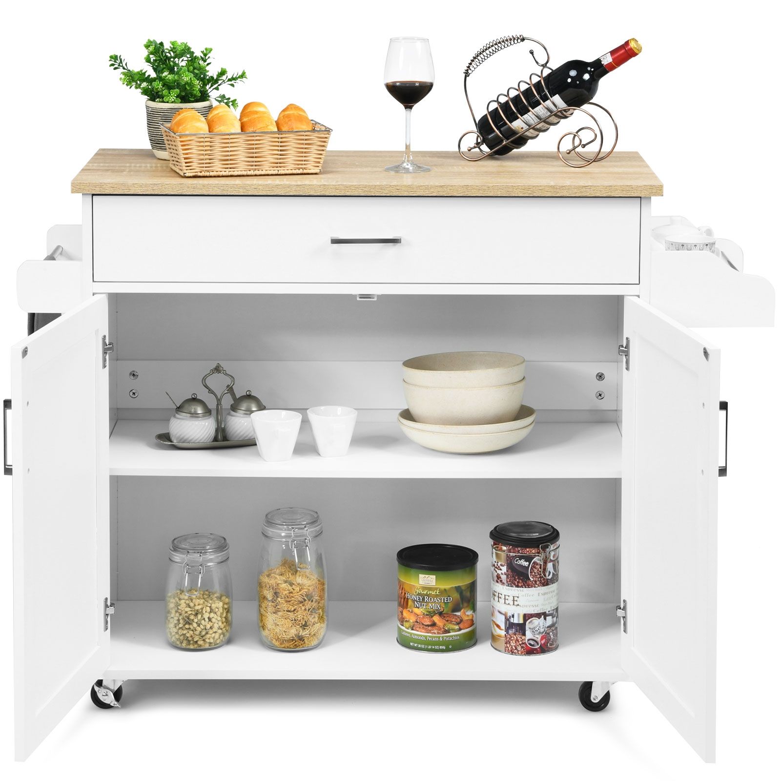 Credenza Cucina, Carrello da Cucina, Isola da Cucina con Ruote di Gomma, Scaffale per Microonde, Bianco, Costway, 5